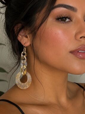 Fashion Nova Gold and Clear Resin Chain Hoop Drop Earrings